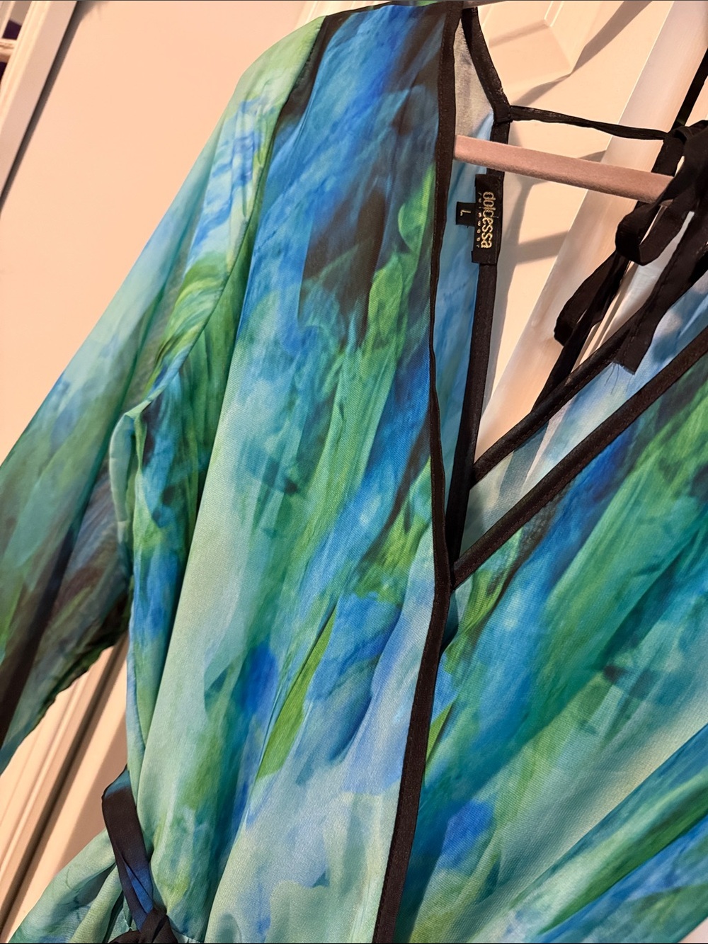 Dolcessa Sheer Blue-Green Wrap romper Dress with Black Trim - Picture 2 of 4